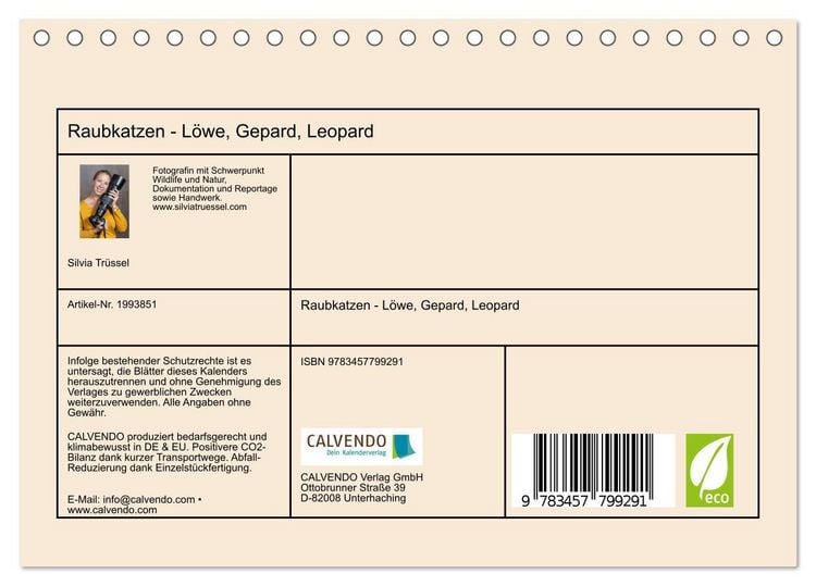 Produktbild: Raubkatzen - L&ouml;we, Gepard, Leopard (Tischkalender 2026 DIN A5 quer), CALVENDO Monatskalender