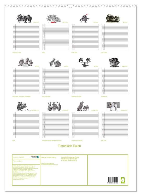 Produktbild: Tieronisch Eulen (Wandkalender 2027 DIN A2 hoch), CALVENDO Monatskalender