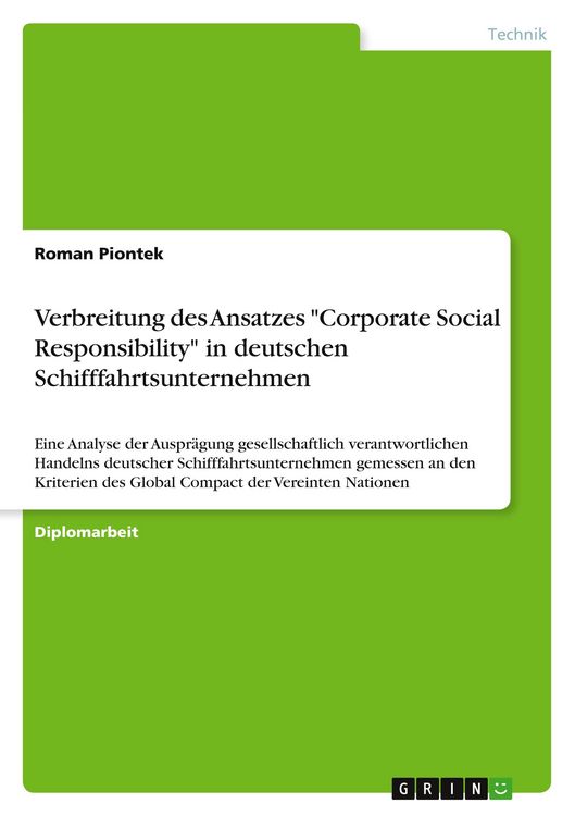 Produktbild: Verbreitung des Ansatzes "Corporate Social Responsibility" in deutschen Schifffahrtsunternehmen