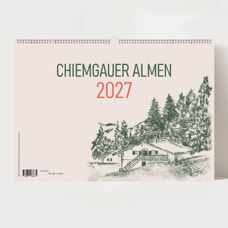Produktbild: Alm Kalender 2027 &ndash; Chiemgauer Alpen | Handgezeichneter Wandkalender mit 12 Almen | Illustrativer Monatskalender, A4 quer