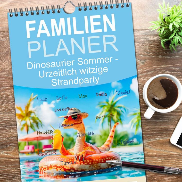 Produktbild: Familienplaner 2026 - Dinosaurier Sommer - Urzeitlich witzige Strandparty mit 5 Spalten (Wandkalender, 21 x 45 cm) CALVENDO