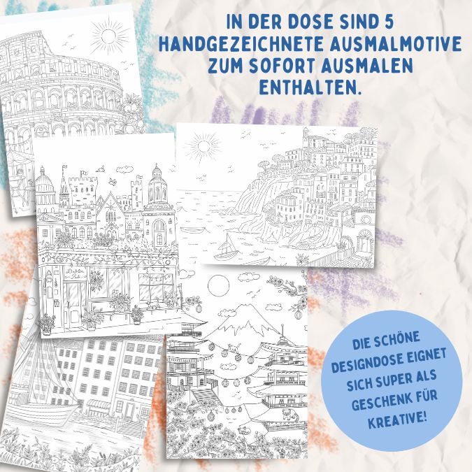 Produktbild: Colorful World Weltreise Designdose mit 12 Buntstiften