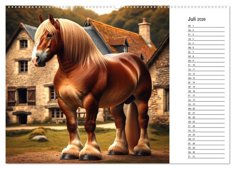 Produktbild: Kaltbl&uuml;ter - Die majest&auml;tische Kraft und Sch&ouml;nheit der Kaltblutpferde (hochwertiger Premium Wandkalender 2026 DIN A2 quer), Kunstdruck in Hochglanz