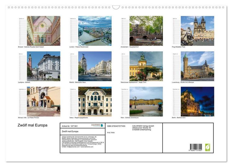 Produktbild: Zw&ouml;lf mal Europa (Wandkalender 2026 DIN A2 quer), CALVENDO Monatskalender