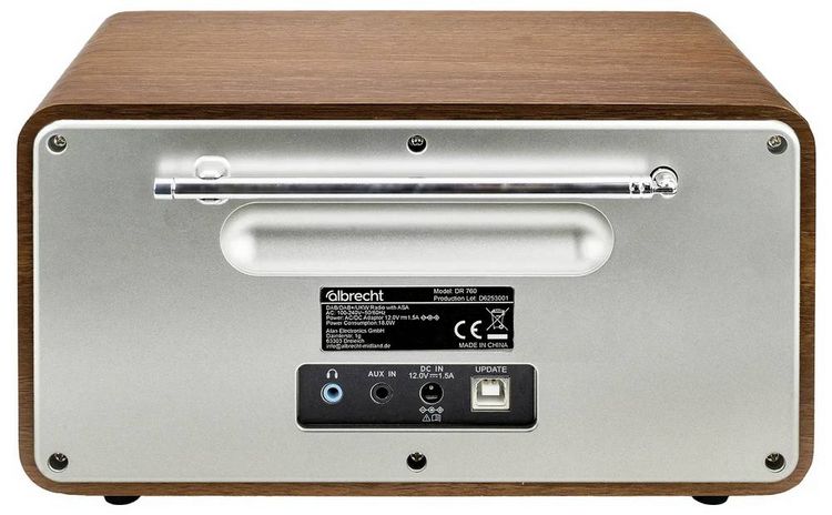 Produktbild: Albrecht DR 760 Tischradio DAB+, UKW DAB+, AUX, Bluetooth&reg; Echtholzgeh&auml;use, Inkl. Lautsprecherbox Holz, Braun, Silber