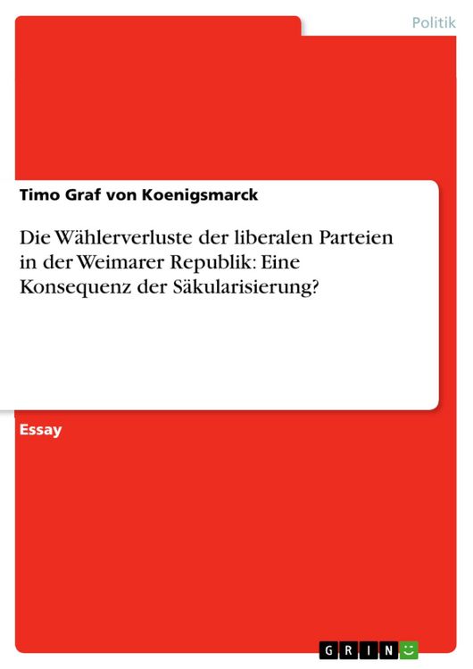 Produktbild: Die W&auml;hlerverluste der liberalen Parteien in der Weimarer Republik: Eine Konsequenz der S&auml;kularisierung?