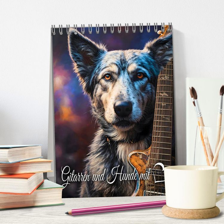 Produktbild: Gitarren und Hunde mit Herz (Tischkalender 2026 DIN A5 hoch), CALVENDO Monatskalender