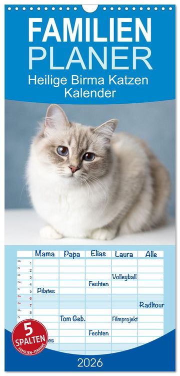 Produktbild: Familienplaner 2026 - Heilige Birma Katzen Kalender mit 5 Spalten (Wandkalender, 21 x 45 cm) CALVENDO
