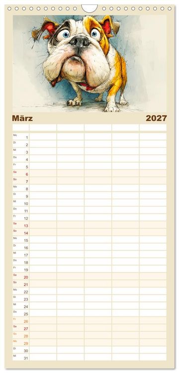 Produktbild: Familienplaner 2027 - Karikatur trifft Hund. Ein Blick auf charmante Vierbeiner mit 5 Spalten (Wandkalender, 21 x 45 cm) CALVENDO