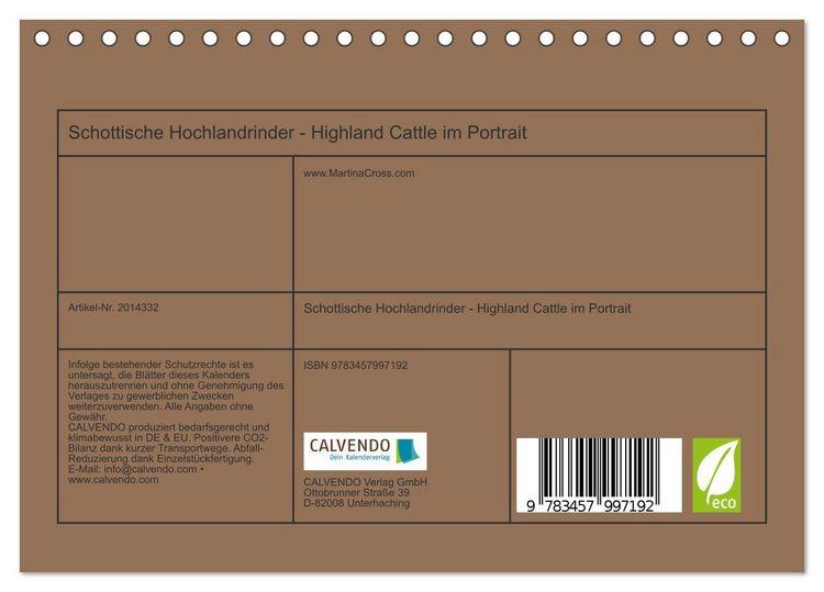 Produktbild: Schottische Hochlandrinder - Highland Cattle im Portrait (Tischkalender 2026 DIN A5 quer), CALVENDO Monatskalender