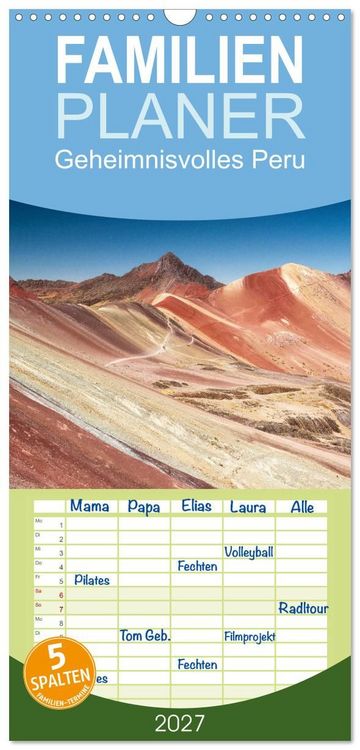Produktbild: Familienplaner 2027 - Geheimnisvolles Peru mit 5 Spalten (Wandkalender, 21 x 45 cm) CALVENDO