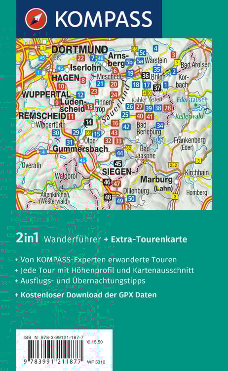 Produktbild: KOMPASS Wanderführer Sauerland mit Rothaarsteig, 50 Touren mit Extra-Tourenkarte