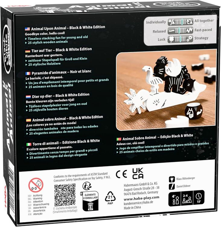Produktbild: HABA 2014044001 - Tier auf Tier Black & White Edition, Stapelspiel, Balancierspiel