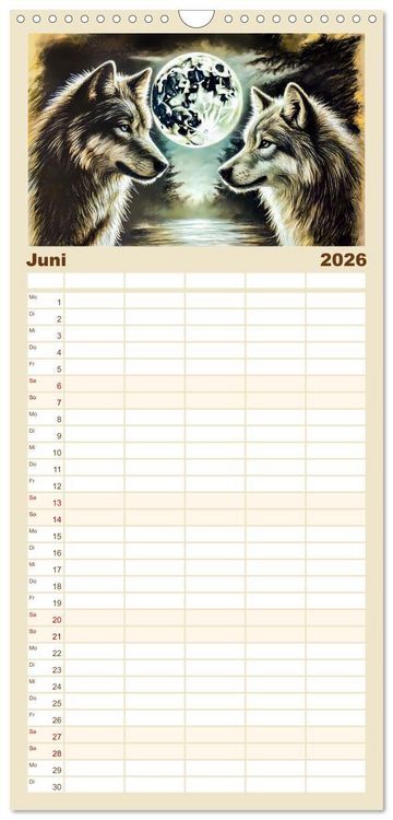 Produktbild: Familienplaner 2026 - Die Eleganz der W&ouml;lfe - Mythische Begegnungen in der Natur mit 5 Spalten (Wandkalender, 21 x 45 cm) CALVENDO