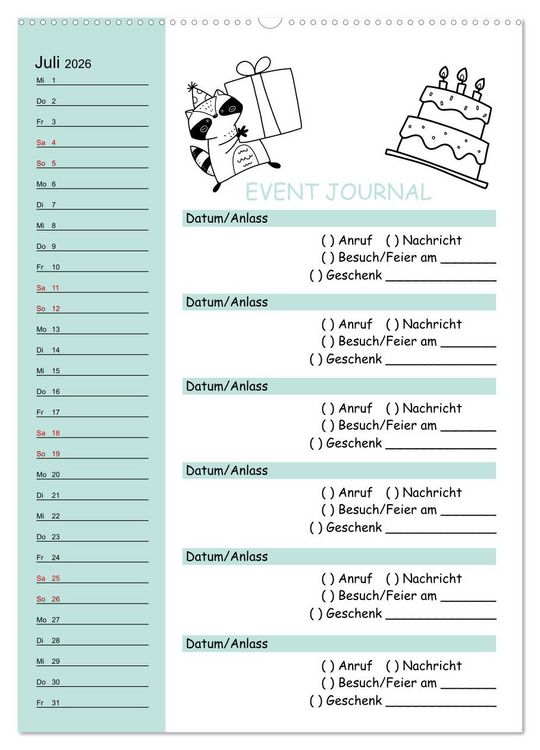 Produktbild: Geburtstagsplaner Doodle Tiere - F&uuml;r Termine, Geschenke, Eventdetails & mehr (Wandkalender 2026 DIN A2 hoch), CALVENDO Monatskalender