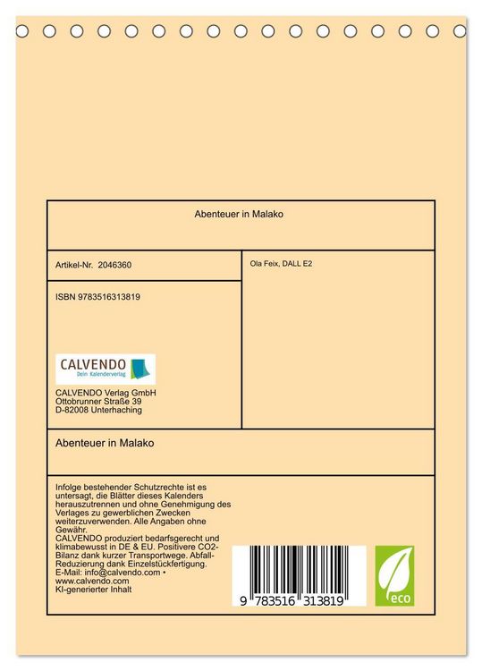 Produktbild: Abenteuer in Malako (Tischkalender 2026 DIN A5 hoch), CALVENDO Monatskalender