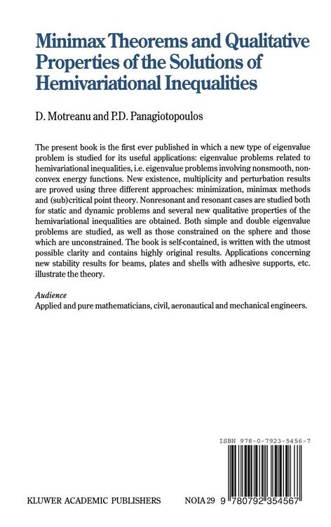 Produktbild: Minimax Theorems and Qualitative Properties of the Solutions of Hemivariational Inequalities