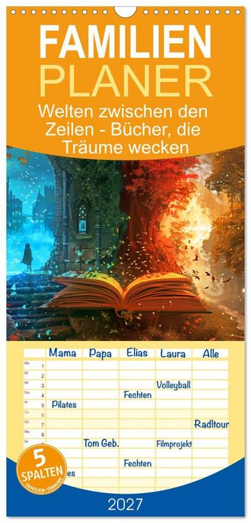 Produktbild: Familienplaner 2027 - Welten zwischen den Zeilen - B&uuml;cher, die Tr&auml;ume wecken mit 5 Spalten (Wandkalender, 21 x 45 cm) CALVENDO