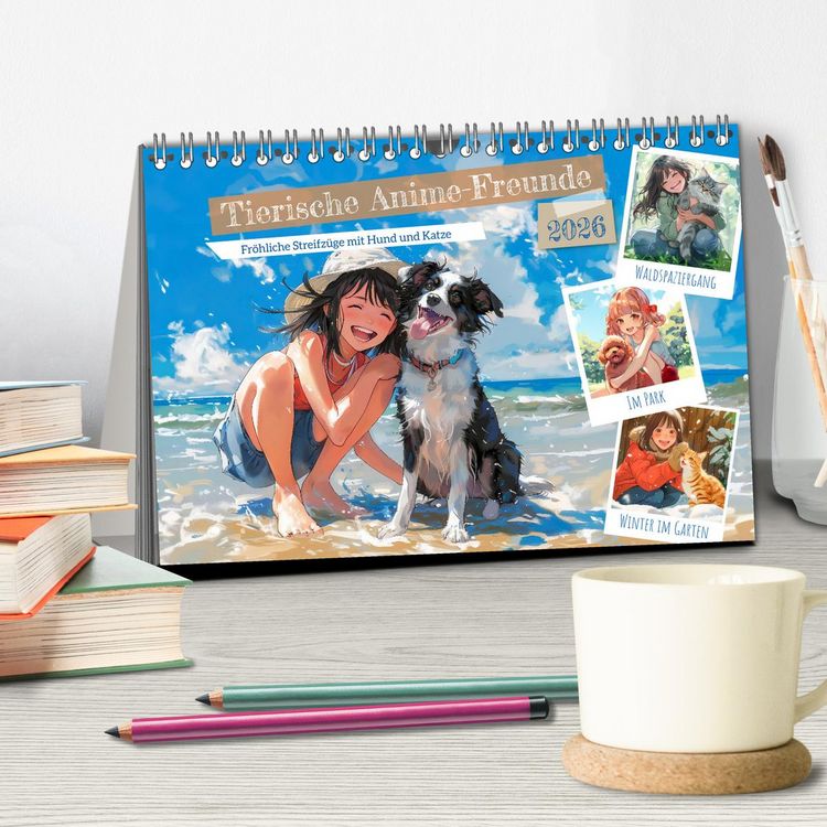 Produktbild: Tierische Anime-Freunde - Fr&ouml;hliche Streifz&uuml;ge mit Hund und Katze (Tischkalender 2026 DIN A5 quer), CALVENDO Monatskalender