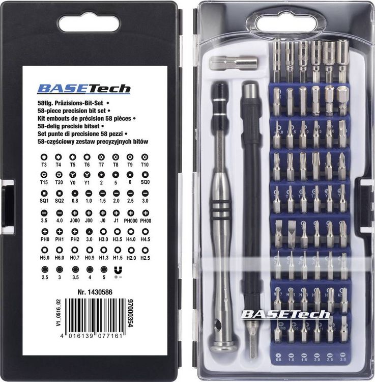 Produktbild: Basetech 1430586 Bit-Set 58teilig Schlitz, Kreuzschlitz Phillips, Innen-Sechsrund (TX), Sechsrund BO, Innen-Sechskant
