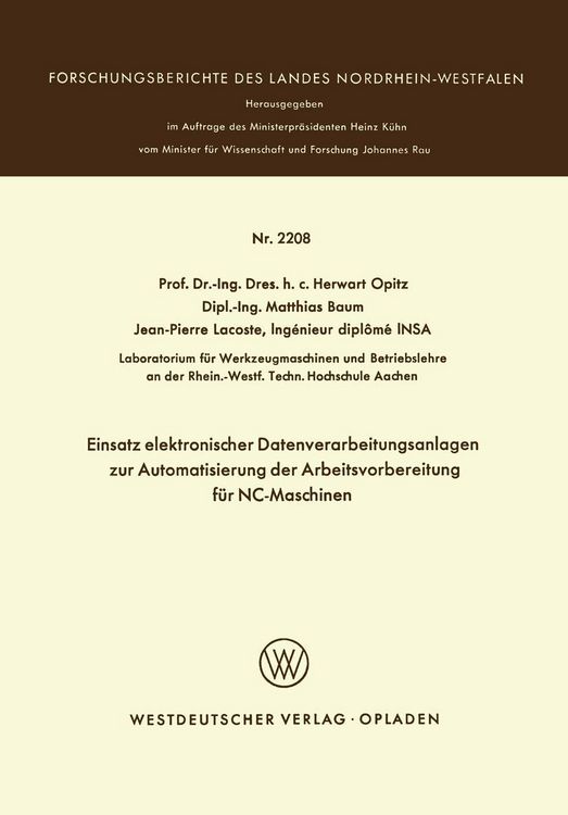 Produktbild: Einsatz elektronischer Datenverarbeitungsanlagen zur Automatisierung der Arbeitsvorbereitung f&uuml;r NC-Maschinen