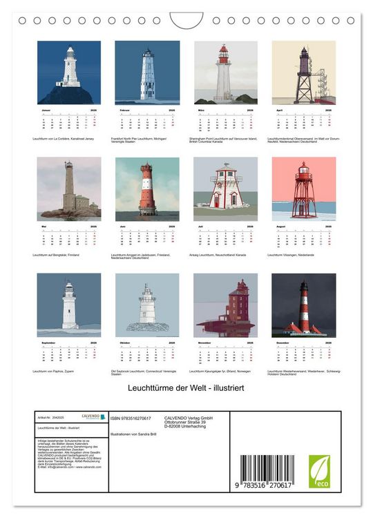 Produktbild: Leuchtt&uuml;rme der Welt - illustriert (Wandkalender 2026 DIN A4 hoch), CALVENDO Monatskalender
