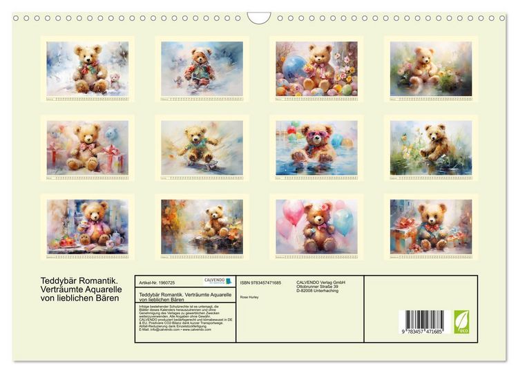 Produktbild: Teddyb&auml;r Romantik. Vertr&auml;umte Aquarelle von lieblichen B&auml;ren (Wandkalender 2026 DIN A3 quer), CALVENDO Monatskalender