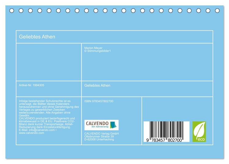 Produktbild: Geliebtes Athen (Tischkalender 2026 DIN A5 quer), CALVENDO Monatskalender