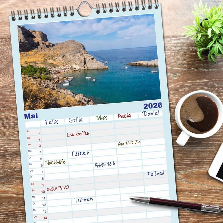 Produktbild: Familienplaner 2026 - Str&auml;nde der Insel Rhodos mit 5 Spalten (Wandkalender, 21 x 45 cm) CALVENDO