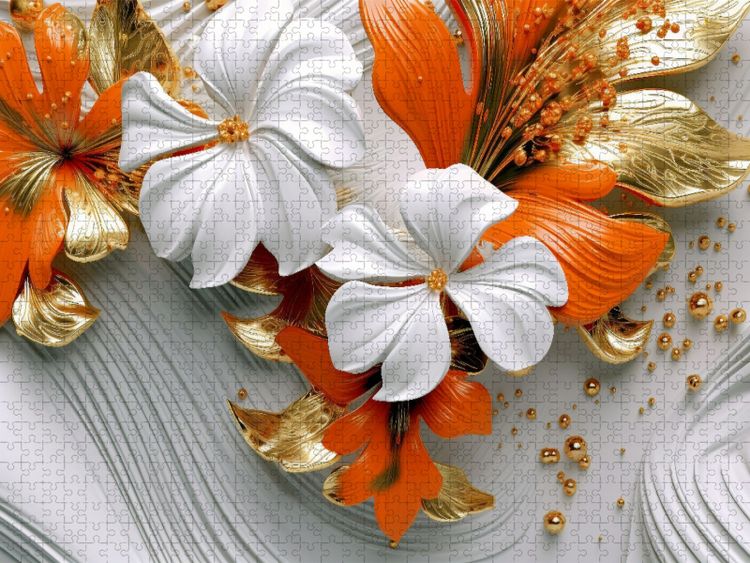 Produktbild: CALVENDO Puzzle Elegante Wellen - edle Bl&uuml;ten in orange, gold und wei&szlig; | 1000 Teile Lege-Gr&ouml;&szlig;e 64x48cm Foto-Puzzle f&uuml;r gl&uuml;ckliche Stunden