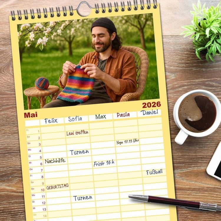 Produktbild: Familienplaner 2026 - Stricken und Wolle mit 5 Spalten (Wandkalender, 21 x 45 cm) CALVENDO