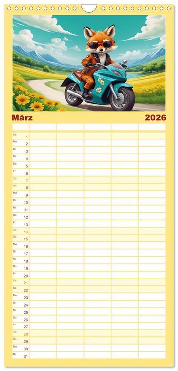 Produktbild: Familienplaner 2026 - Tierische Motorradfahrer mit 5 Spalten (Wandkalender, 21 x 45 cm) CALVENDO