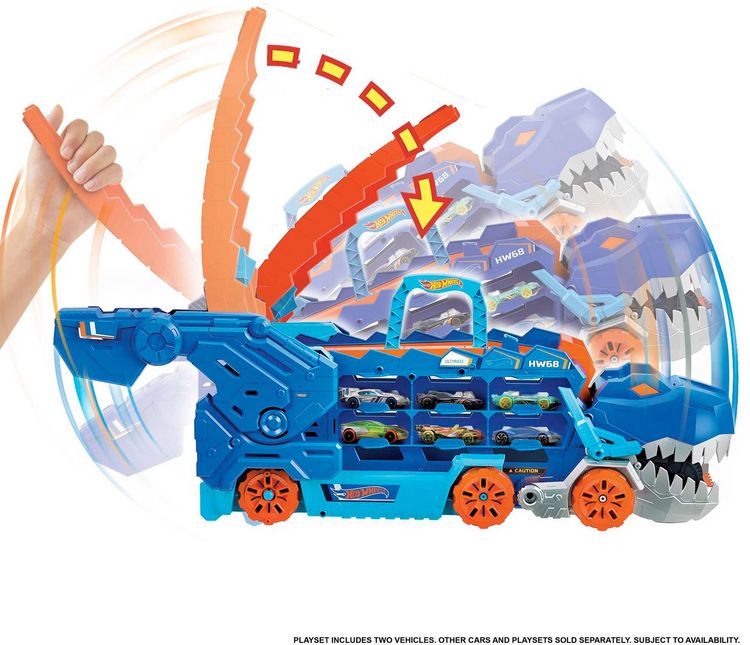 Produktbild: Der Hot Wheels City Ultimative Transporter verwandelt sich in einen T-Rex mit Rennstrecke, Aufbewahrung von mehr als 20 Autos