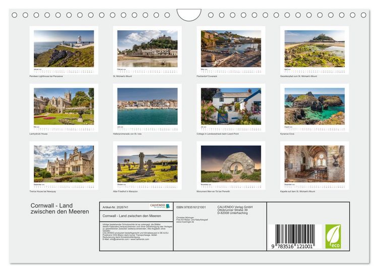 Produktbild: Cornwall - Land zwischen den Meeren (Wandkalender 2026 DIN A4 quer), CALVENDO Monatskalender