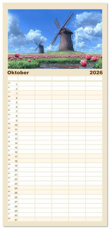 Produktbild: Familienplaner 2026 - Windgefl&uuml;ster-M&uuml;hlenimpressionen mit 5 Spalten (Wandkalender, 21 x 45 cm) CALVENDO