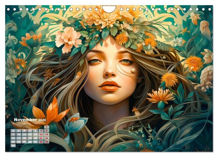 Produktbild: Bl&uuml;tenzauber - Farbenfrohe Illustrationen der G&ouml;ttin Flora (Wandkalender 2026 DIN A4 quer), CALVENDO Monatskalender