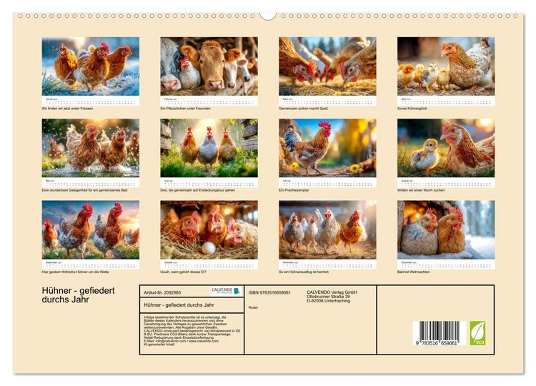Produktbild: H&uuml;hner - gefiedert durchs Jahr (hochwertiger Premium Wandkalender 2026 DIN A2 quer), Kunstdruck in Hochglanz