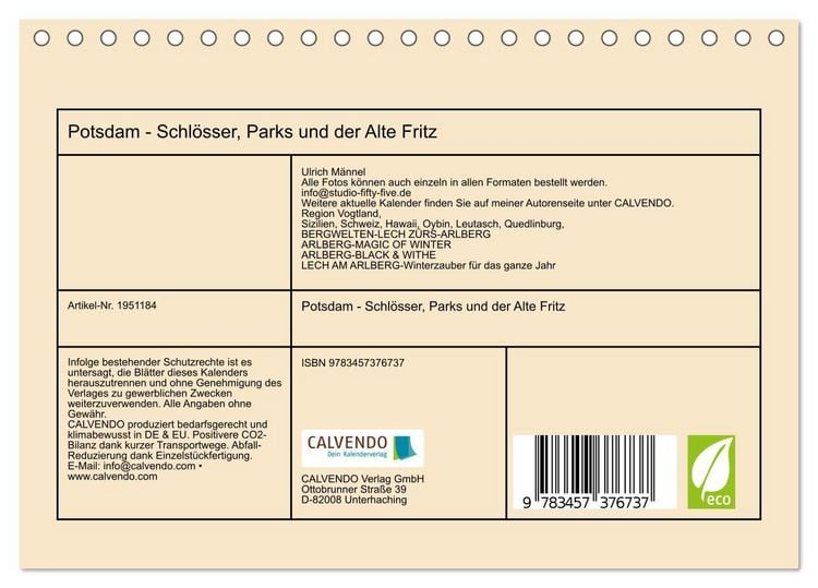 Produktbild: Potsdam - Schl&ouml;sser, Parks und der Alte Fritz (Tischkalender 2026 DIN A5 quer), CALVENDO Monatskalender