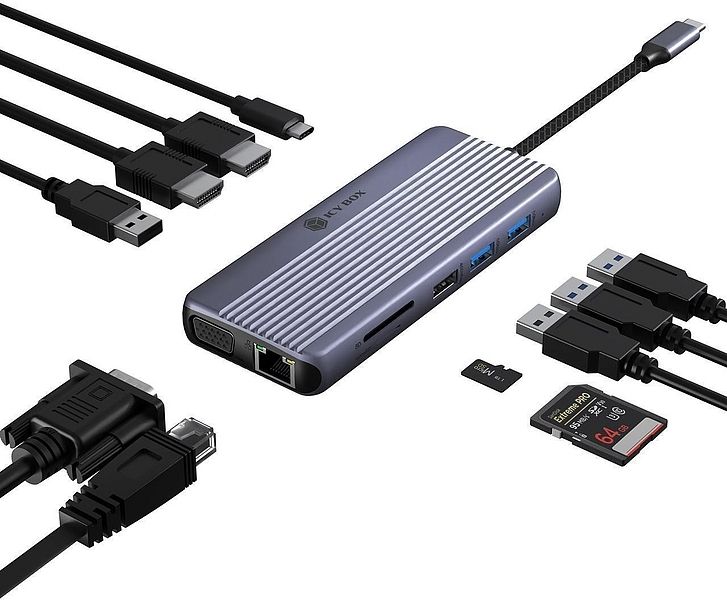 Produktbild: RAIDSONIC USB C DockingStation 12 in 1, 2x HDMI 4K60Hz, 1x VGA, Giga LAN, 4x USB Datenports, Giga LAN, SD+MicroSD 3.0, Audio, PD 3.0 100W