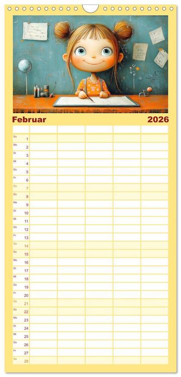 Produktbild: Familienplaner 2026 - Fr&ouml;hliche Kinder. Bezaubernde Schulm&auml;dchen im &Ouml;lbilder-Stil mit 5 Spalten (Wandkalender, 21 x 45 cm) CALVENDO