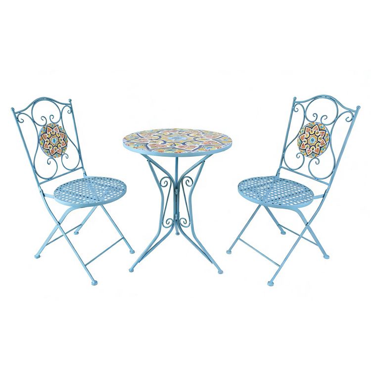 Produktbild: HTI-Living Bistro Sitzgruppe Metall blau Tisch mit 2 St&uuml;hlen Balkon Set Gartenm&ouml;bel Mosaik