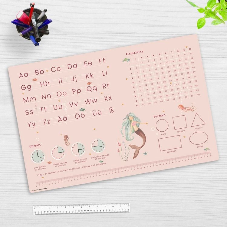Produktbild: Cover-your-desk Schreibtischunterlage f&uuml;r Kinder Meerjungfrau Schulanfang - abc und einmaleins, aus hochwertigem Vinyl , 60 x 40 cm