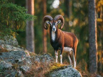 Produktbild: CALVENDO Puzzle Ein stolzes Mufflon steht auf einem Felsen im Wald und wird vom warmen Licht der Abendsonne beleuchtet, Tierpuzzle | 1000 Teile Lege-Gr&ouml;&szlig;e 64x48cm Foto-Puzzle f&uuml;r gl&uuml;ckliche Stunden