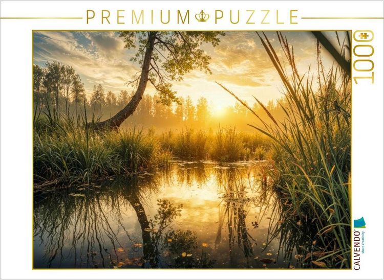 Produktbild: CALVENDO Puzzle Ein Natursee spiegelt die aufgehende Sonne - der Sommer zeigt seine stille Seite | 1000 Teile Lege-Gr&ouml;&szlig;e 64x48cm Foto-Puzzle f&uuml;r gl&uuml;ck