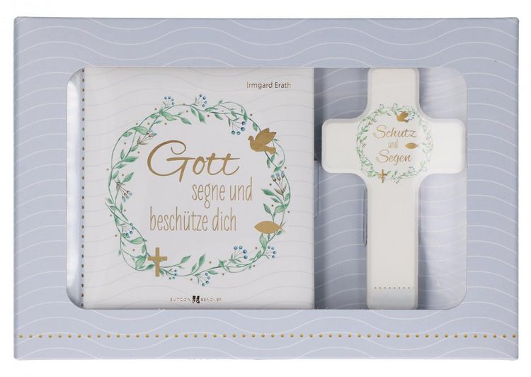 Produktbild: Butzon & Bercker Geschenkset zur Taufe 15 x 22 x 2 cm &ndash; Holzkreuz aus Buchenholz wei&szlig; lackiert mit Taufspruch, gebundenes Buch 11 x 11 cm, Lieferung in Geschenkverpackung