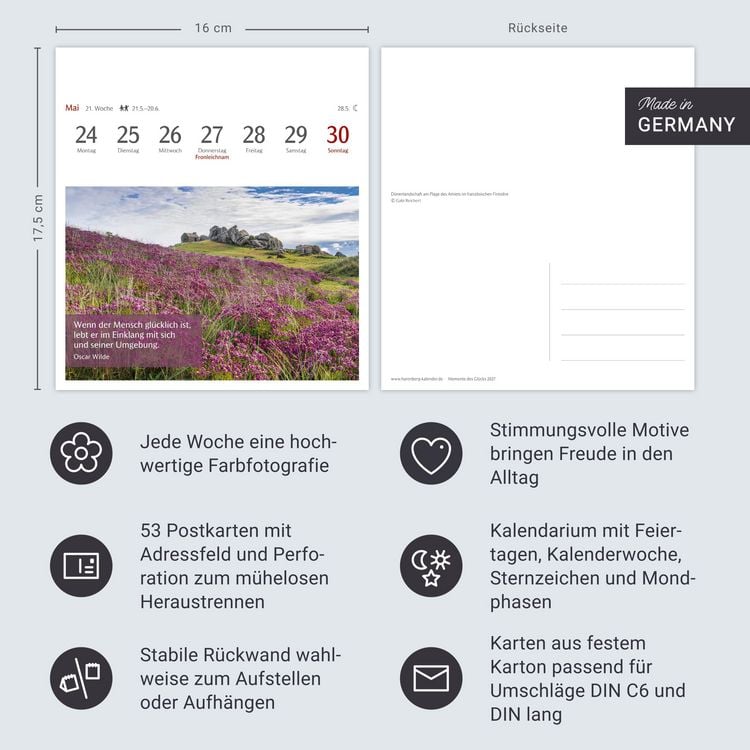 Produktbild: Momente des Gl&uuml;cks Postkartenkalender 2027 - Wochenkalender mit Zitaten, mit 53 Postkarten