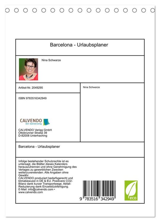 Produktbild: Barcelona - Urlaubsplaner (Tischkalender 2026 DIN A5 hoch), CALVENDO Monatskalender