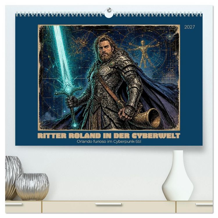 Produktbild: Ritter Roland in der Cyberwelt: Orlando furioso im Cyberpunk-Stil (hochwertiger Premium Wandkalender 2027 DIN A2 quer), Kunstdruck in Hochglanz
