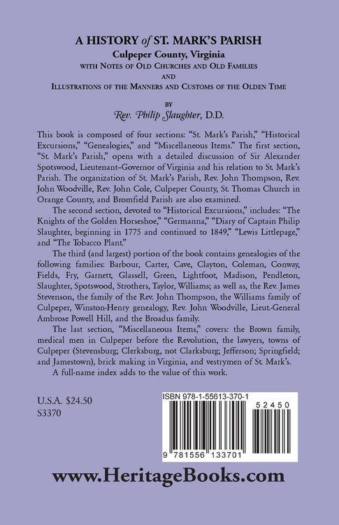 Produktbild: A History of St. Mark's Parish, Culpeper County, Virginia with Notes of Old Churches and Old Families