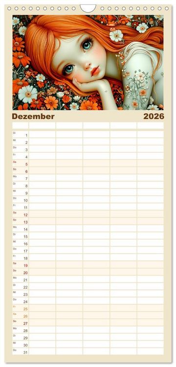 Produktbild: Familienplaner 2026 - Vertr&auml;umte M&auml;dchen. Tiere, Blumen, Liebe. mit 5 Spalten (Wandkalender, 21 x 45 cm) CALVENDO